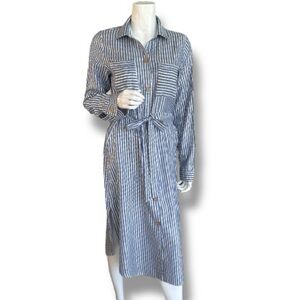J. Gee Blue, White Gold Metallic Striped Long Sleeve Shirt Dress. Women’s Size M